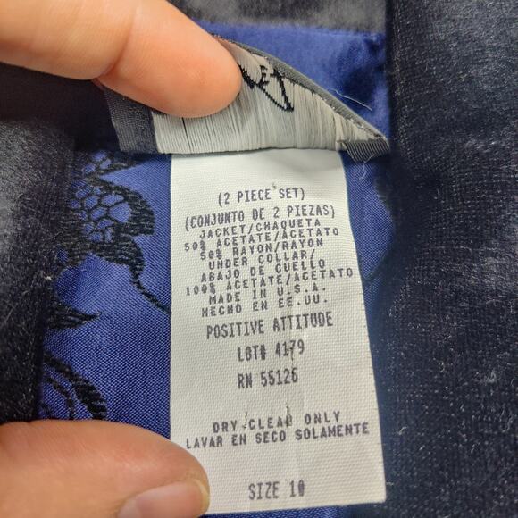 Vtg Positive Attitude Satin Velvet Burnout Floral Blazer Dress 10 Navy Blue - Picture 8 of 13